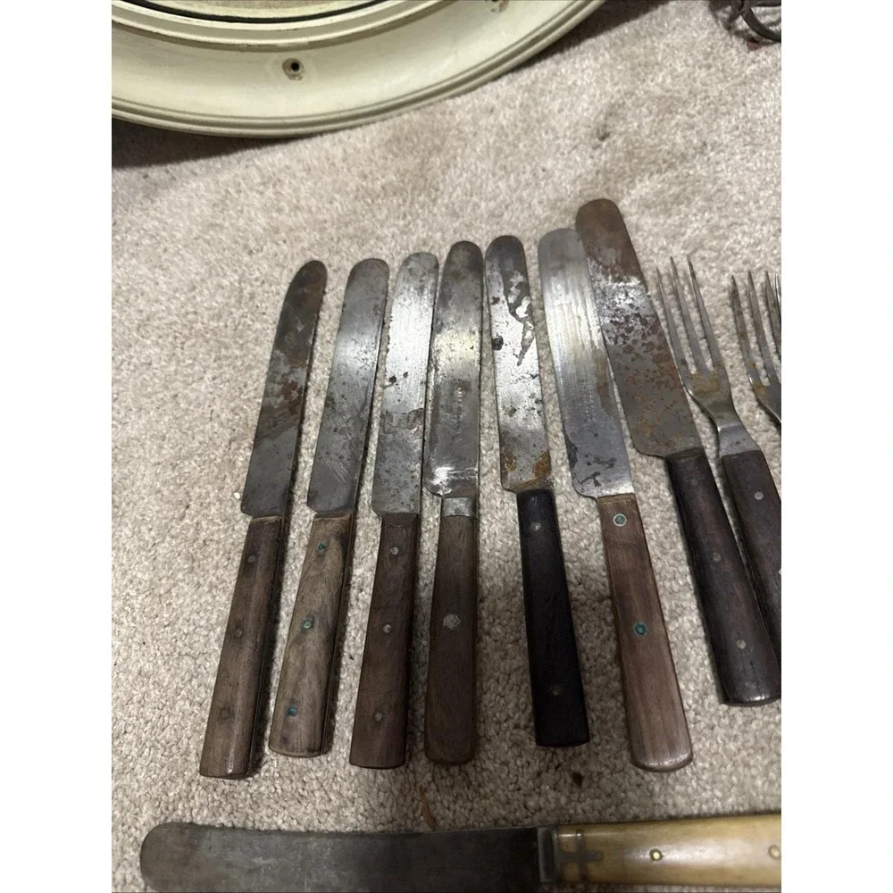 Antique 28 Forks Knives Civil War 1800s Wood Bone Handles Primitive Reenactment